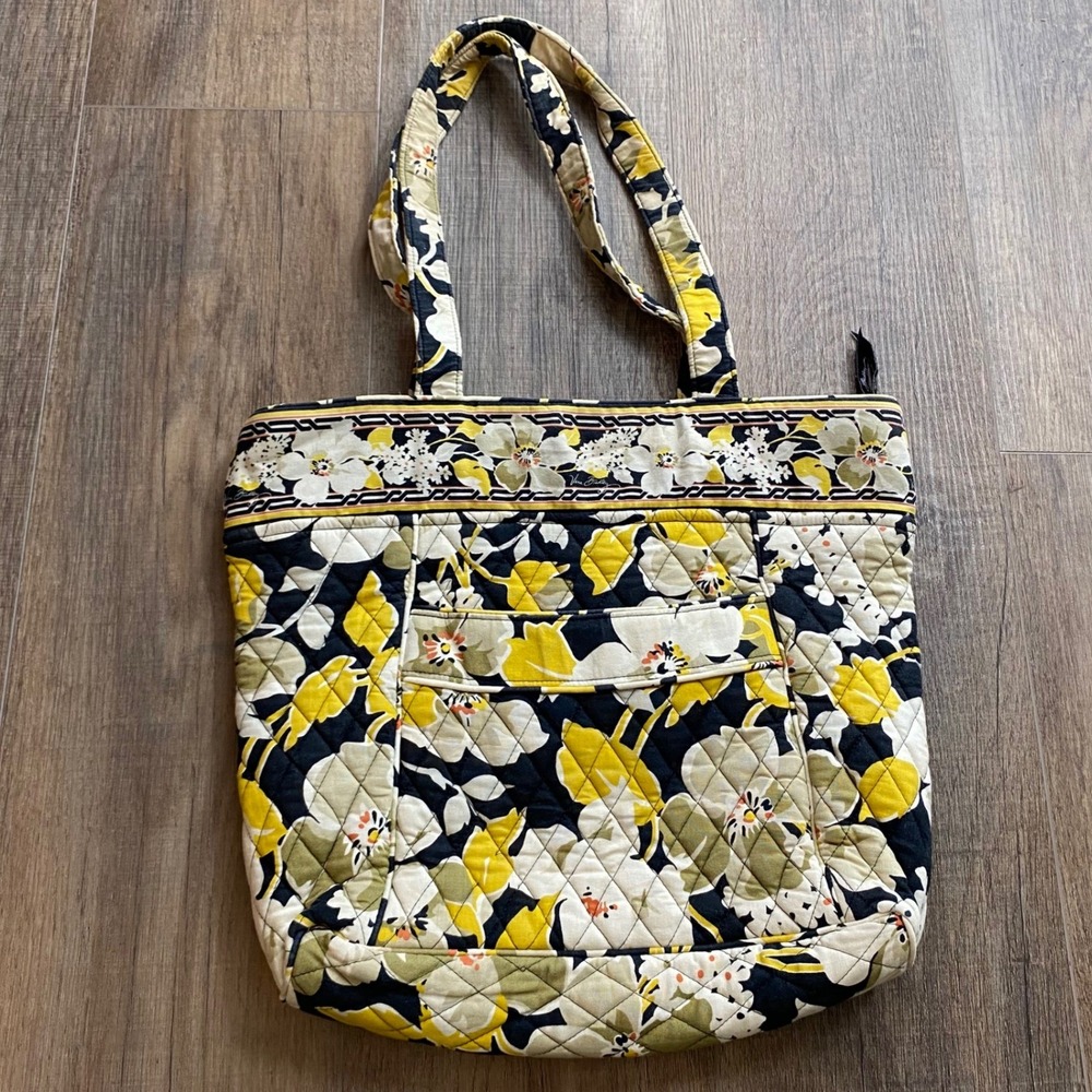 Vera Bradley Sittin in a Tree Quilted Cotton Tote Bag Floral Yellow Black 12x12